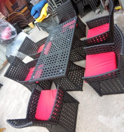 Open-Weave Rattan Dining Set with Cushions