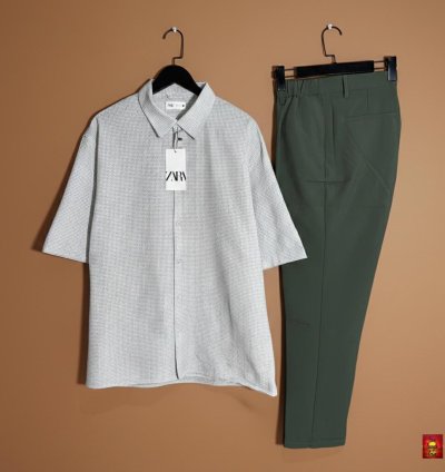 Grey Micro-Check Olive Trouser Co-ord Set