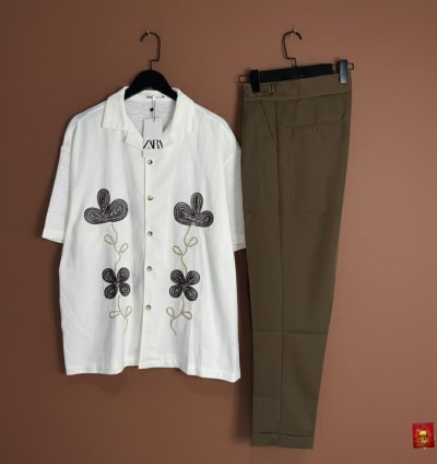 Cream Retro Flower Brown Trouser Co-ord Set