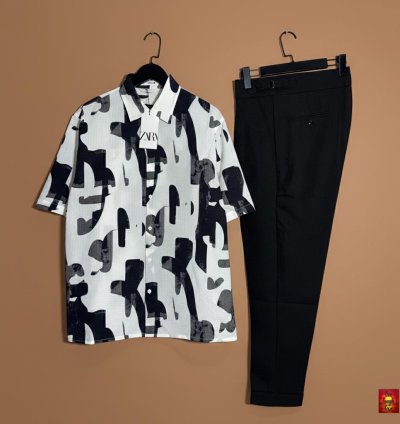 Black-and-White Abstract Navy Trouser Co-ord Set
